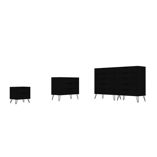 Manhattan Comfort Rockefeller 10-Drawer Dresser, 3-Drawer Dresser and 2-Drawer Nightstand in Black 178GMC2